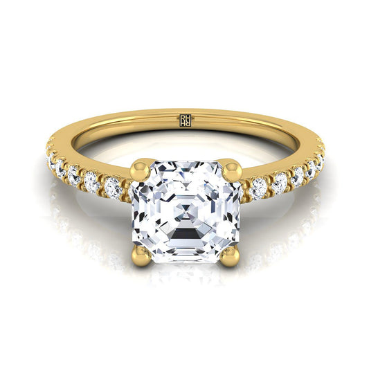 14K Yellow Gold Asscher Cut Simple Linear Diamond Pave Engagement Ring -1/5ctw