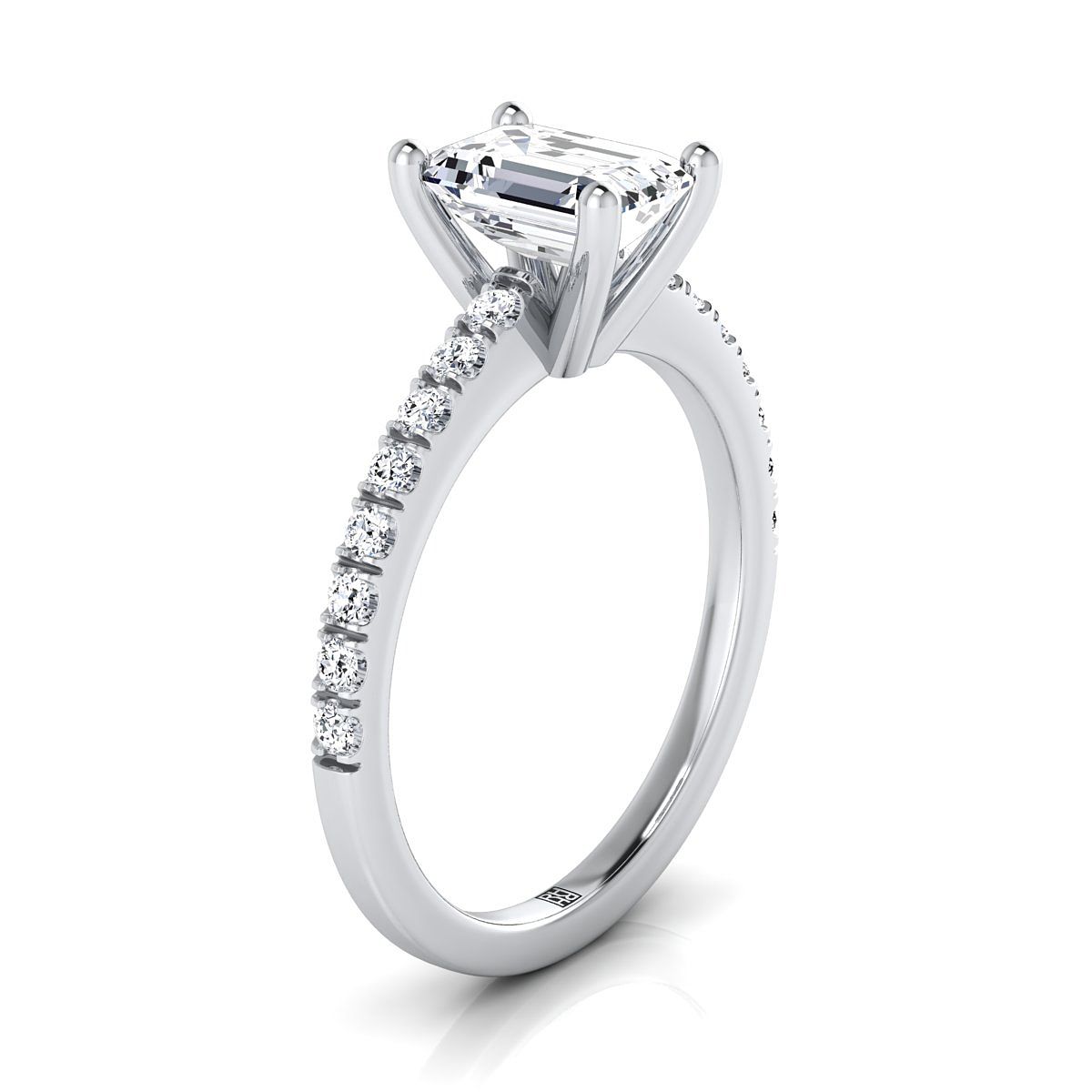 แหวนหมั้นเพชรแพลทินัม Emerald Cut Simple Linear Pave -1/5ctw