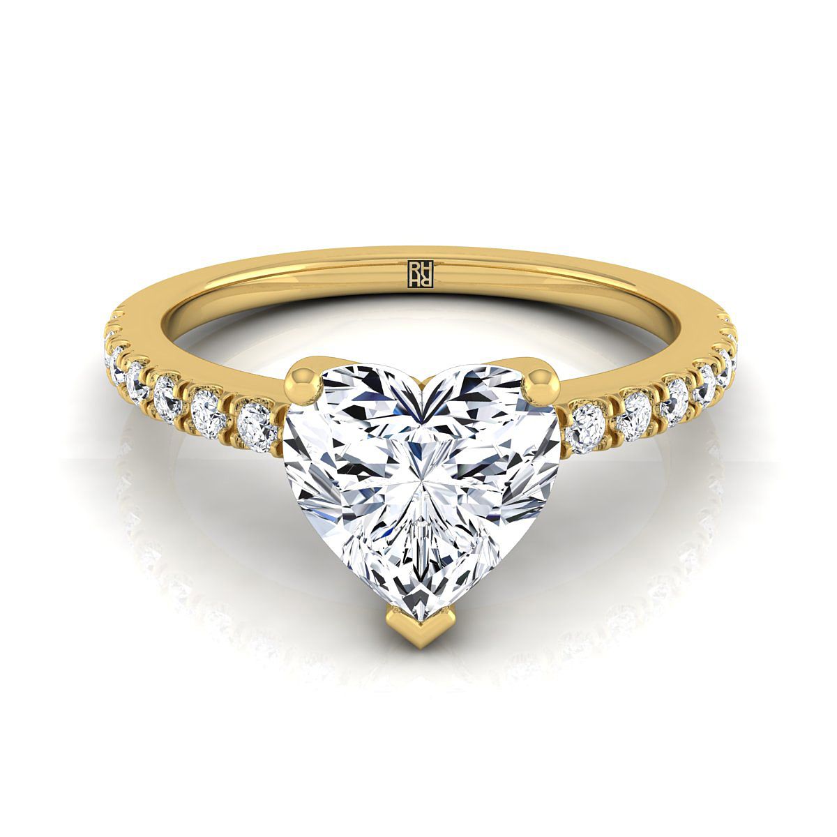 14K Yellow Gold Heart Shape Center Simple Linear Diamond Pave Engagement Ring -1/5ctw