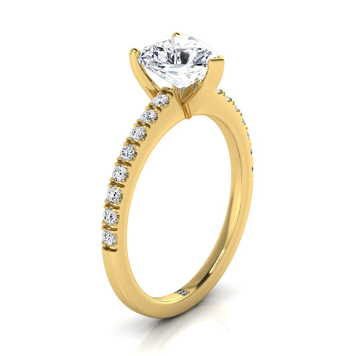 18K Yellow Gold Heart Shape Center Simple Linear Diamond Pave Engagement Ring -1/5ctw