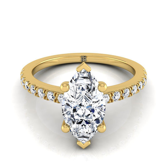 18K Yellow Gold Marquise  Simple Linear Diamond Pave Engagement Ring -1/5ctw