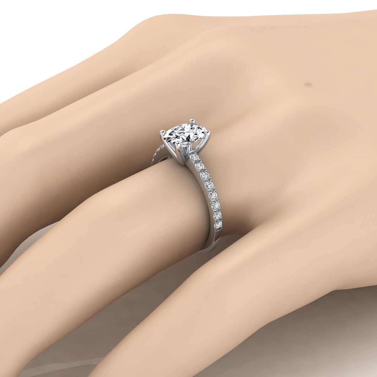 Platinum Oval Simple Linear Diamond Pave Engagement Ring -1/5ctw