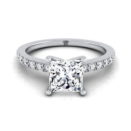 Platinum Princess Cut Simple Linear Diamond Pave Engagement Ring -1/5ctw