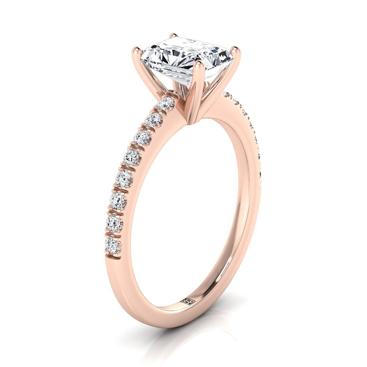 14K Rose Gold Radiant Cut Center Simple Linear Diamond Pave Engagement Ring -1/5ctw