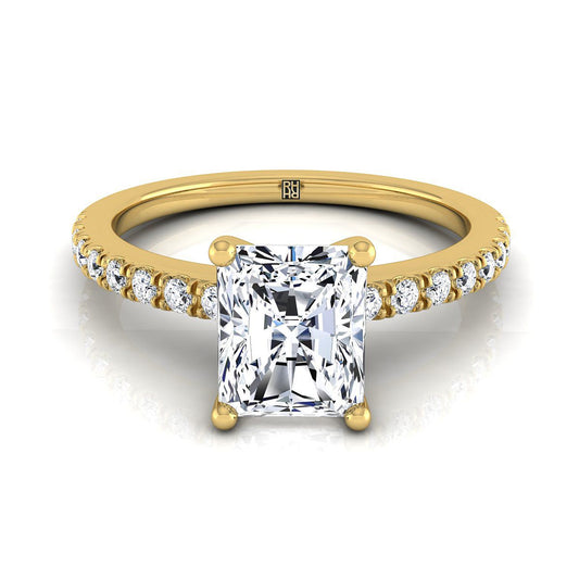 14K Yellow Gold Radiant Cut Center Simple Linear Diamond Pave Engagement Ring -1/5ctw