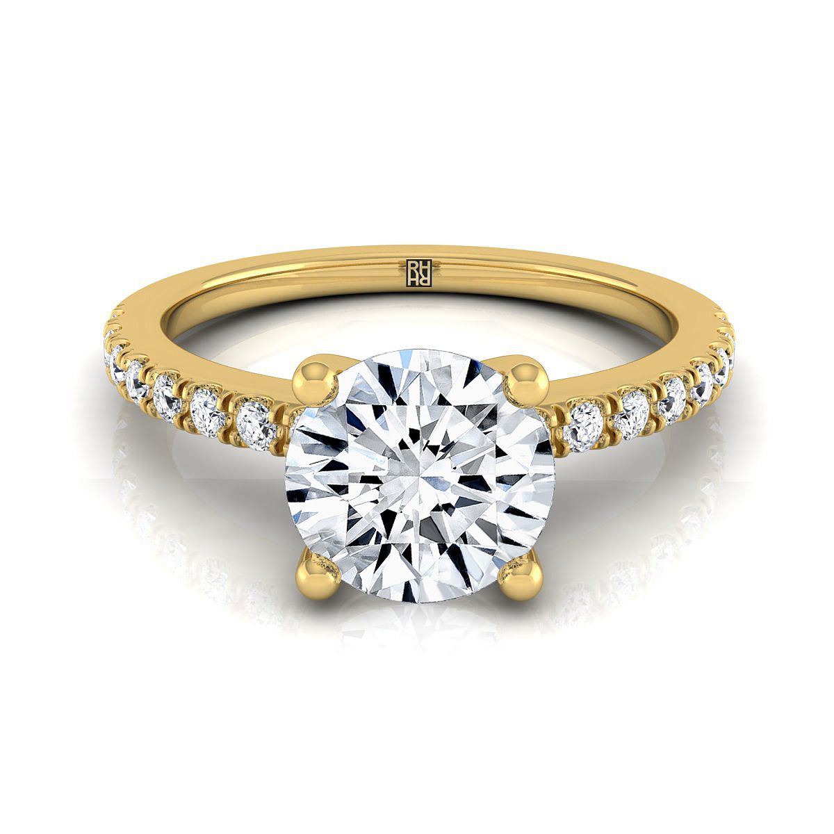 14K Yellow Gold Round Brilliant Simple Linear Diamond Pave Engagement Ring -1/5ctw