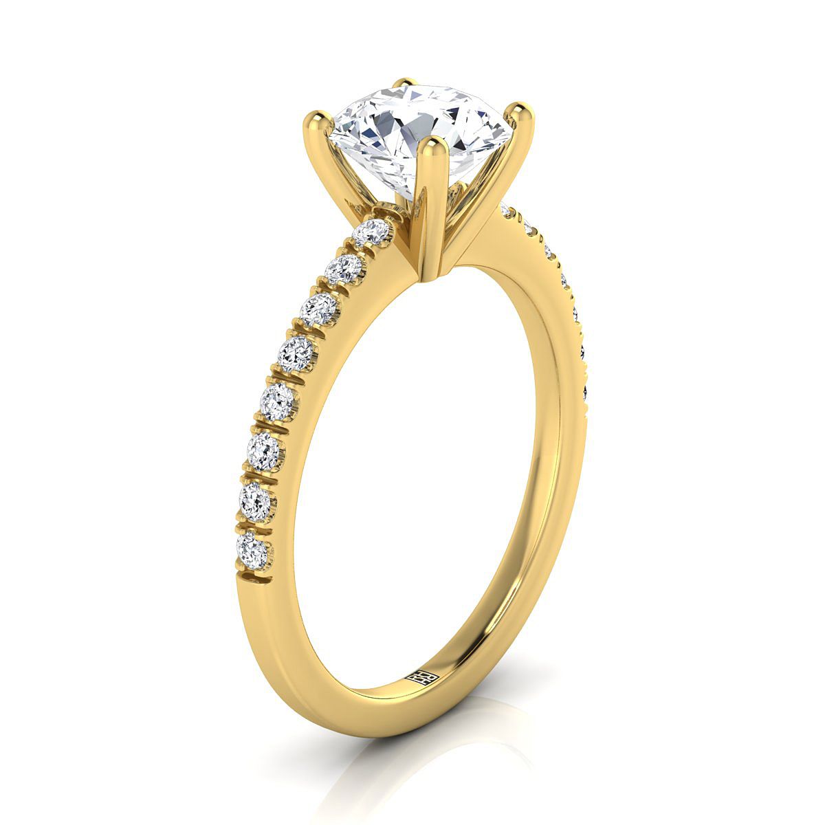 14K Yellow Gold Round Brilliant Simple Linear Diamond Pave Engagement Ring -1/5ctw