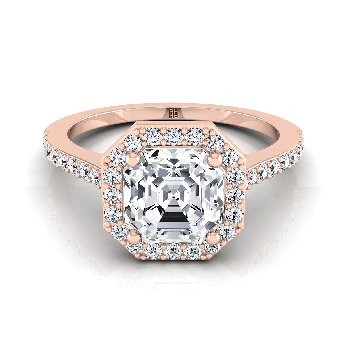 14K Rose Gold Asscher Cut Classic French Pave Diamond Halo และ Linear Engagement Ring -1/3ctw