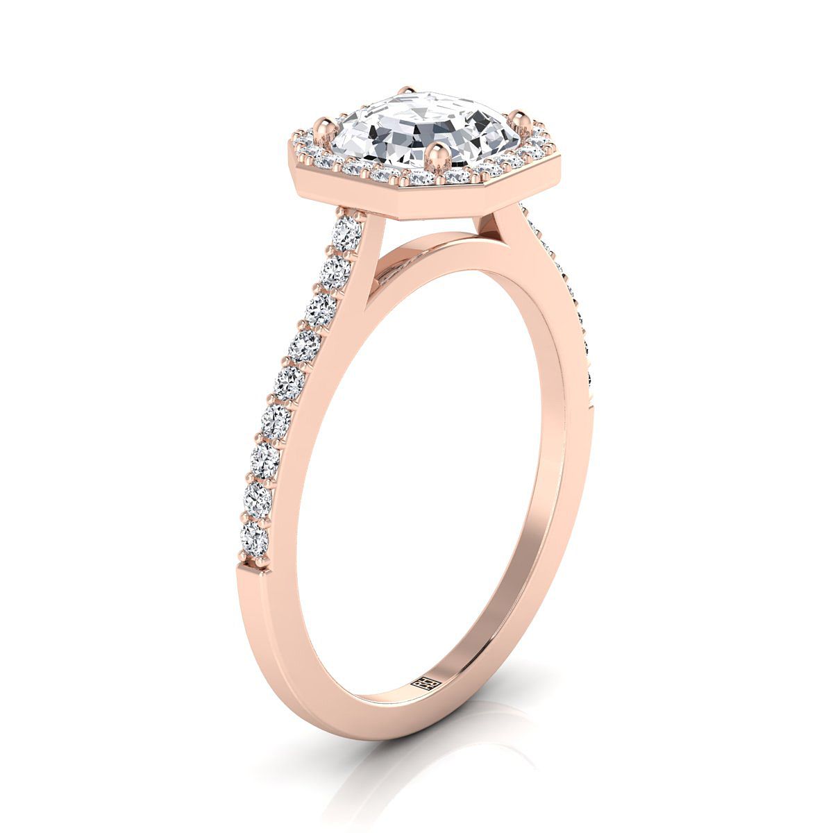 14K Rose Gold Asscher Cut Classic French Pave Diamond Halo และ Linear Engagement Ring -1/3ctw