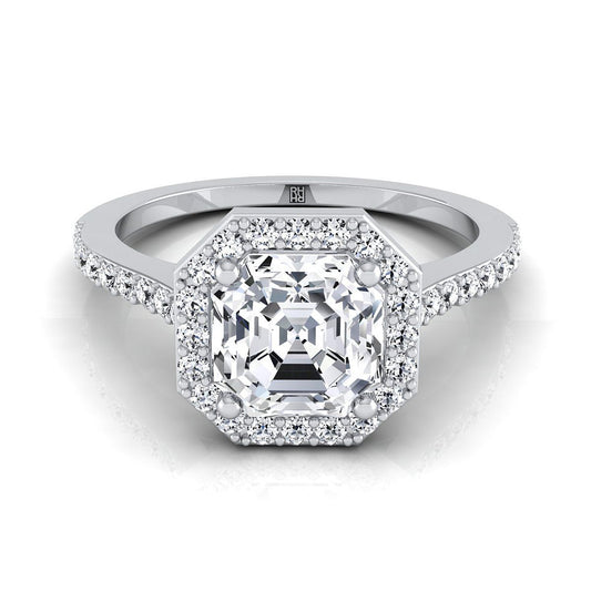 ทองคำขาว 14K Asscher Cut Classic French Pave Diamond Halo และแหวนหมั้นเชิงเส้น -1/3ctw