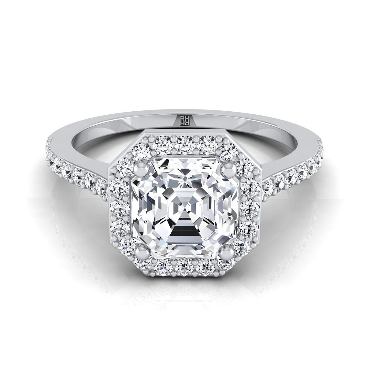 18K White Gold Asscher Cut Classic French Pave Diamond Halo and Linear Engagement Ring -1/3ctw