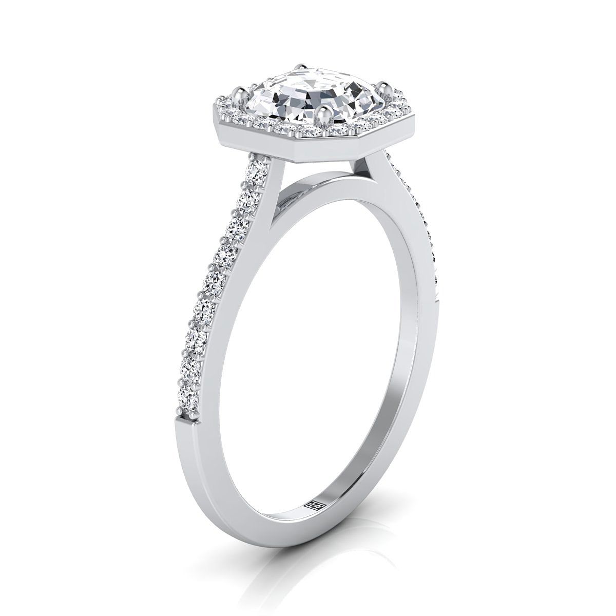 ทองคำขาว 14K Asscher Cut Classic French Pave Diamond Halo และแหวนหมั้นเชิงเส้น -1/3ctw