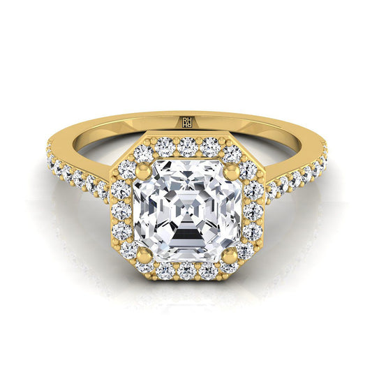 14K Yellow Gold Asscher Cut Classic French Pave Diamond Halo and Linear Engagement Ring -1/3ctw