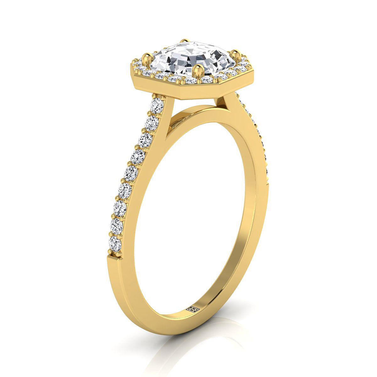 14K สีเหลืองทอง Asscher Cut Classic French Pave Diamond Halo และแหวนหมั้นเชิงเส้น -1/3ctw