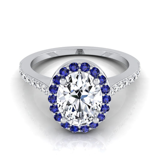 14K White Gold Oval Classic French Pave Blue Sapphire Halo and Linear Engagement Ring -1/6ctw