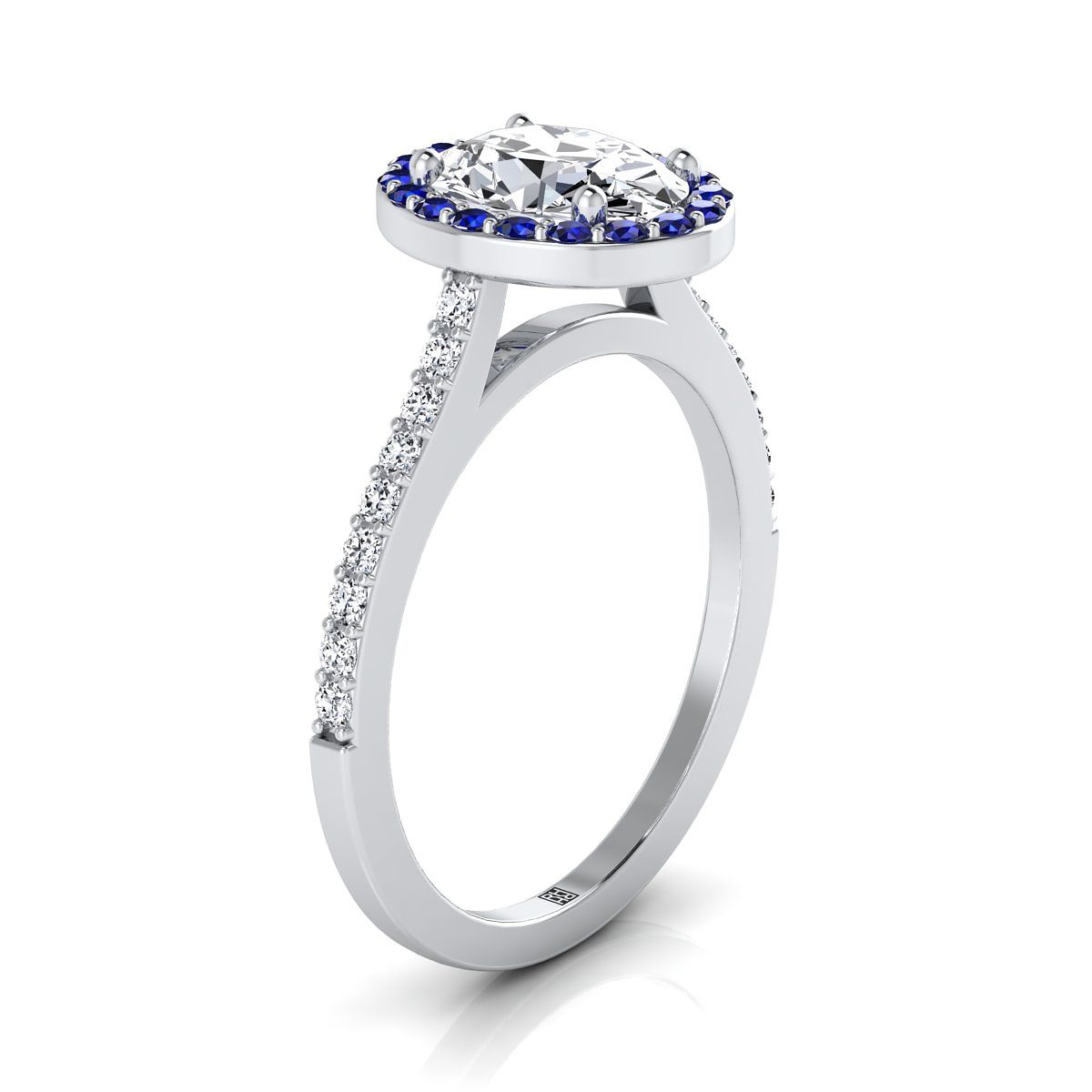 แพลตตินัมวงรีคลาสสิก French Pave Blue Sapphire Halo และแหวนหมั้นเชิงเส้น -1 / 6ctw