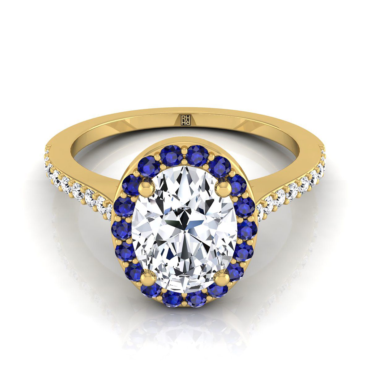 14K สีเหลืองทองรูปไข่ Classic French Pave Blue Sapphire Halo และแหวนหมั้นเชิงเส้น -1/6ctw