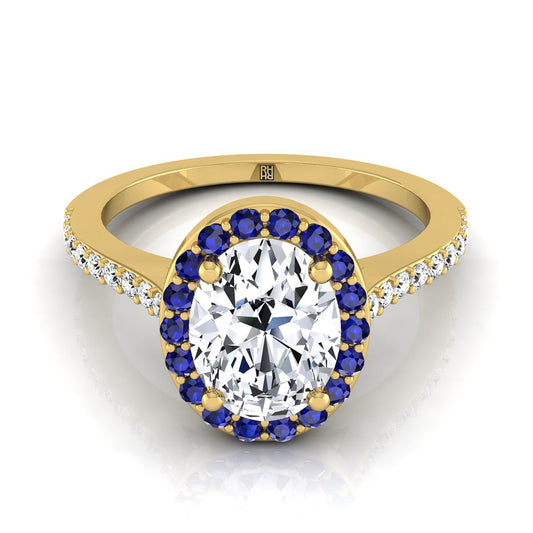 14K Yellow Gold Oval Classic French Pave Blue Sapphire Halo and Linear Engagement Ring -1/6ctw