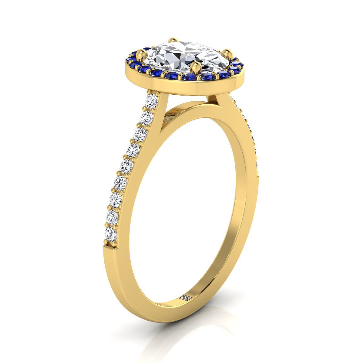 18K สีเหลืองทองรูปไข่ Classic French Pave Blue Sapphire Halo และแหวนหมั้นเชิงเส้น -1/6ctw