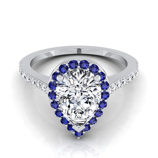 Platinum Pear Shape Center Classic French Pave Blue Sapphire Halo และแหวนหมั้นเชิงเส้น -1/6ctw