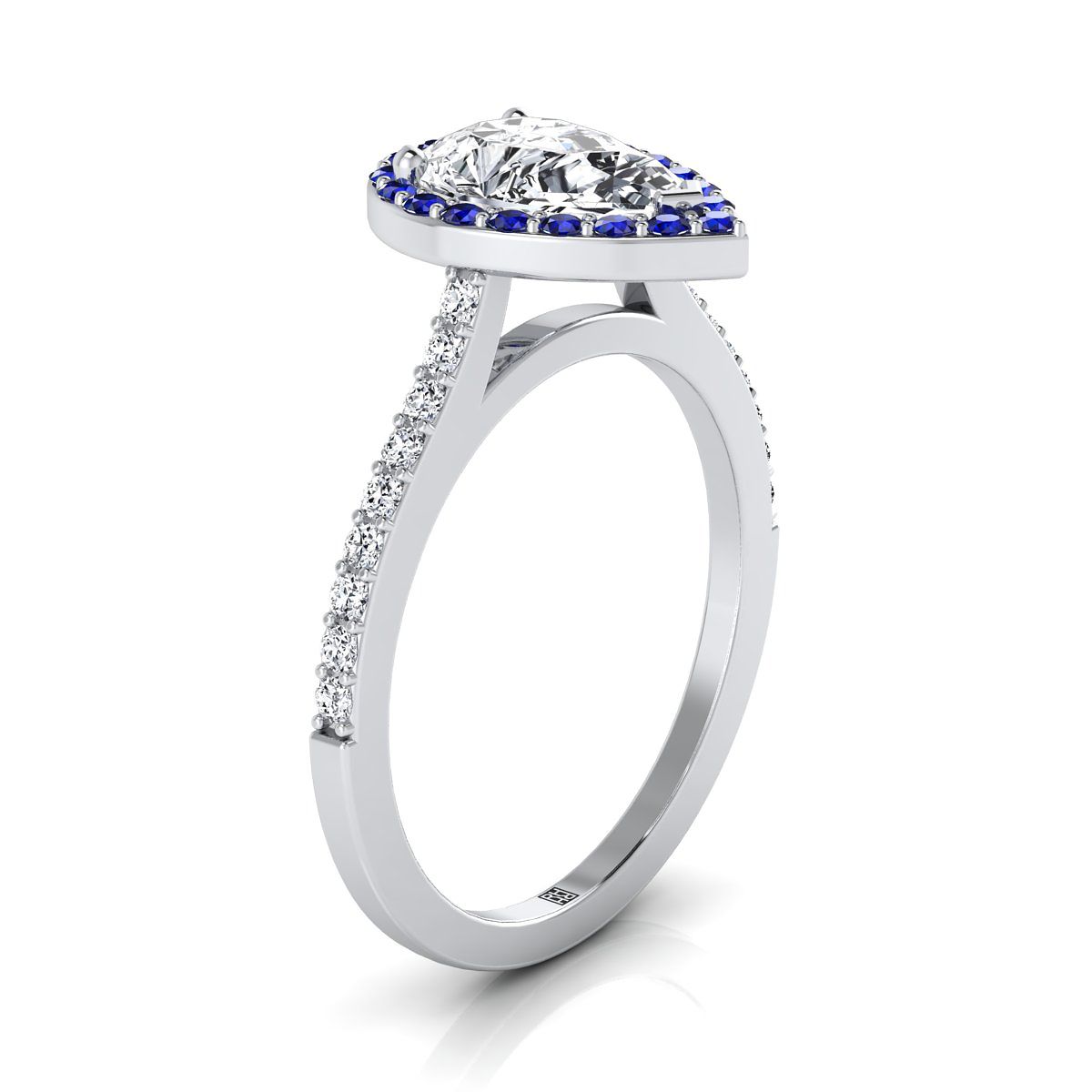 14K White Gold Pear Shape Center Classic French Pave Blue Sapphire Halo and Linear Engagement Ring -1/6ctw