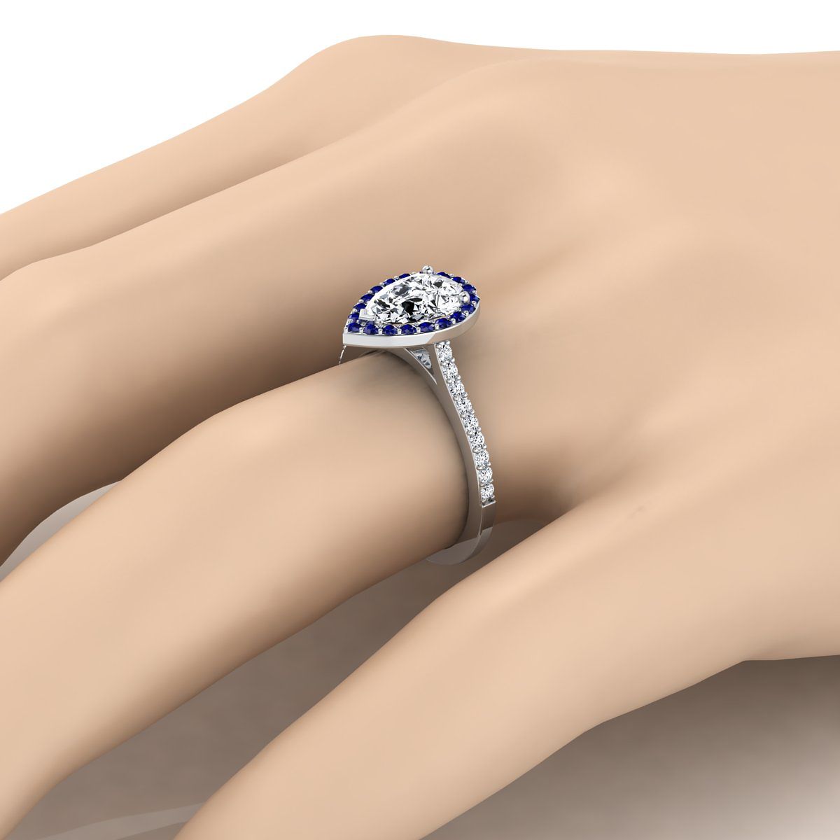 18K White Gold Pear Shape Center Classic French Pave Blue Sapphire Halo and Linear Engagement Ring -1/6ctw