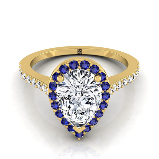 14K Yellow Gold Pear Shape Center Classic French Pave Blue Sapphire Halo และ Linear Engagement Ring -1/6ctw