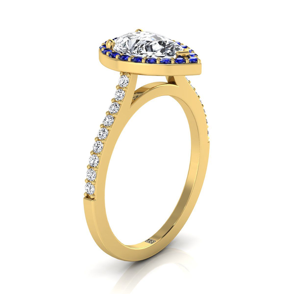 14K Yellow Gold Pear Shape Center Classic French Pave Blue Sapphire Halo และ Linear Engagement Ring -1/6ctw