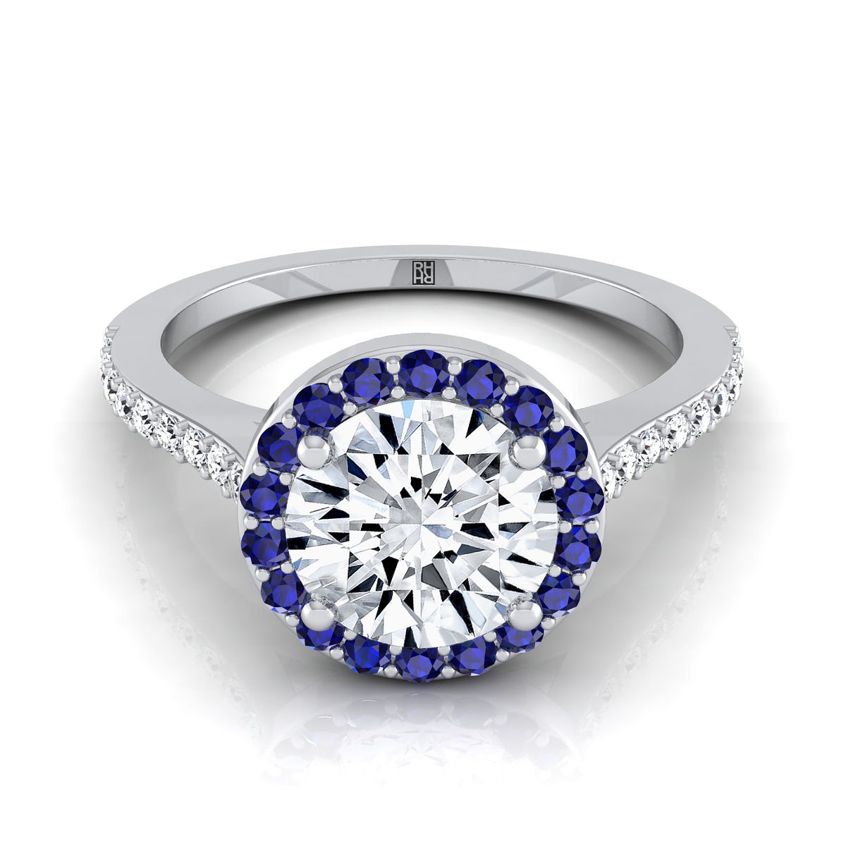 18K สีขาวทอง Round Brilliant Classic French Pave Blue Sapphire Halo และแหวนหมั้นเชิงเส้น -1/6ctw