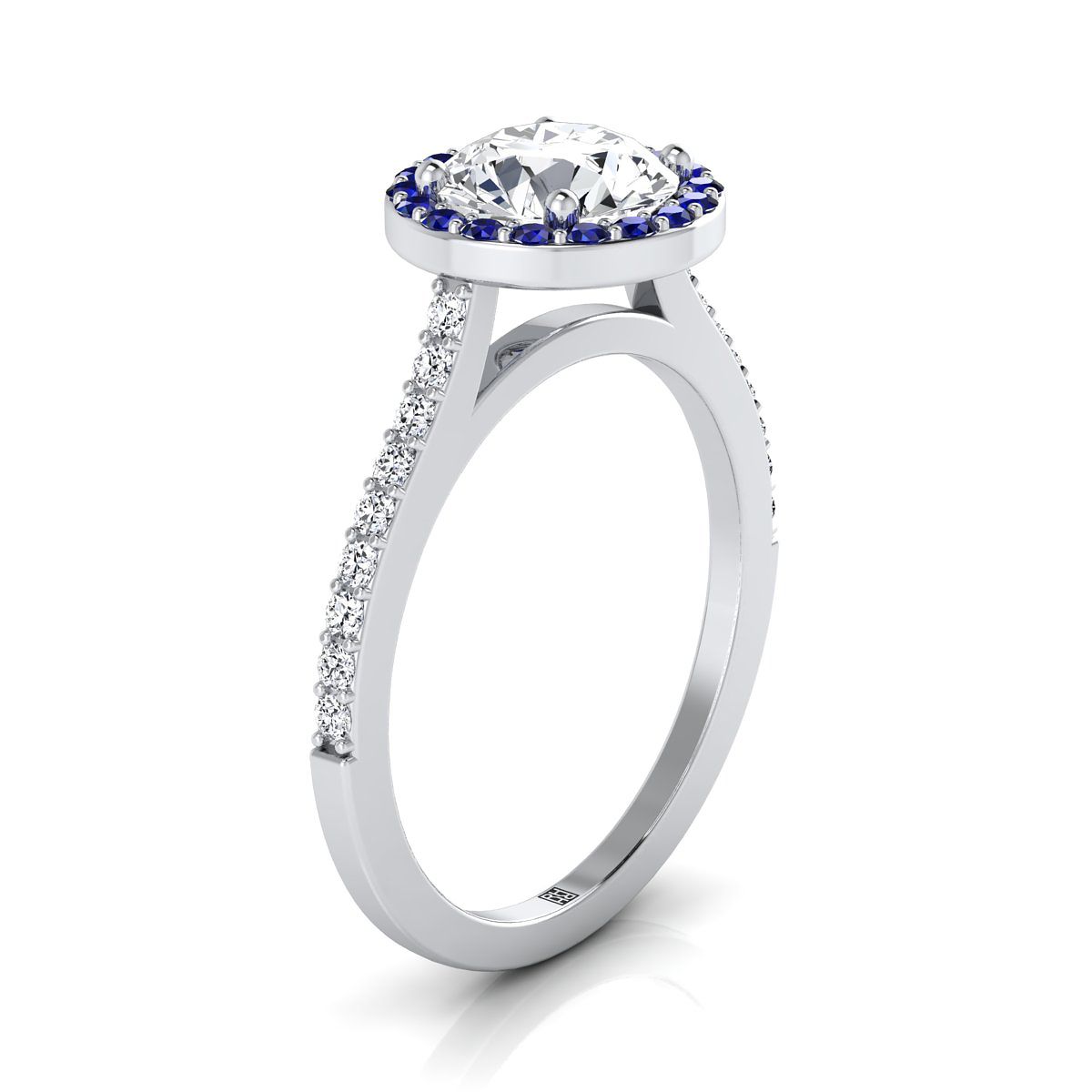 18K สีขาวทอง Round Brilliant Classic French Pave Blue Sapphire Halo และแหวนหมั้นเชิงเส้น -1/6ctw