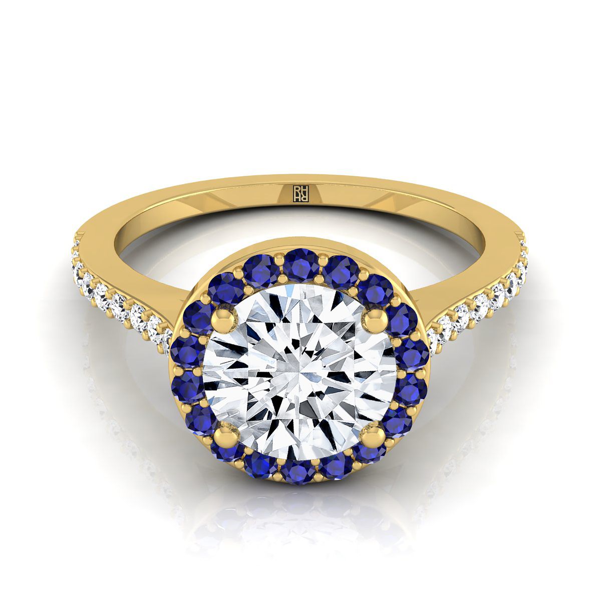 18K สีเหลืองทอง Round Brilliant Classic French Pave Blue Sapphire Halo และแหวนหมั้นเชิงเส้น -1/6ctw