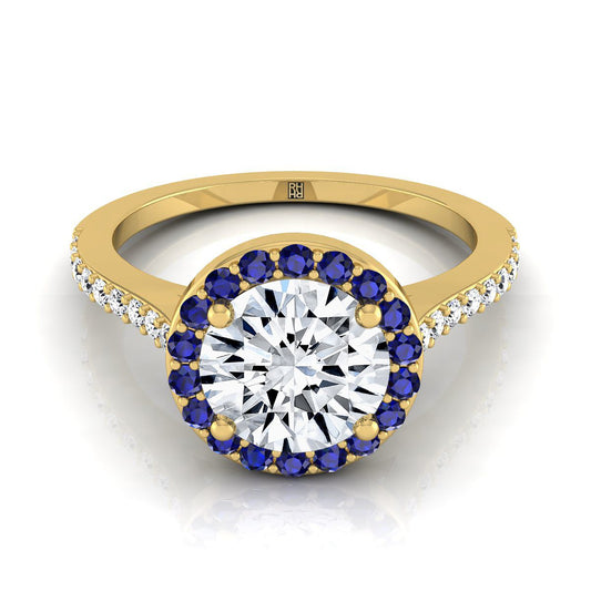 18K Yellow Gold Round Brilliant Classic French Pave Blue Sapphire Halo and Linear Engagement Ring -1/6ctw