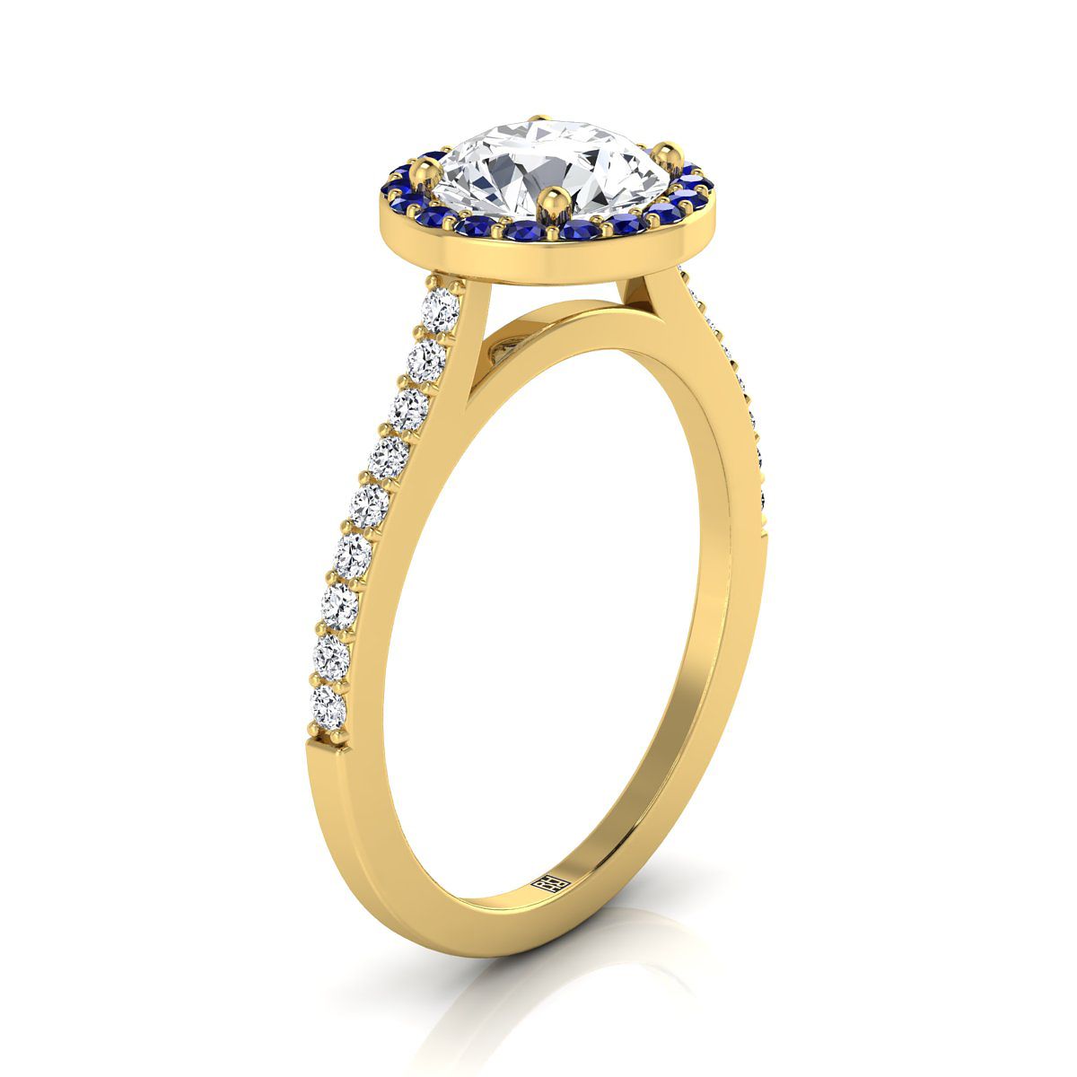 14K สีเหลืองทอง Round Brilliant Classic French Pave Blue Sapphire Halo และแหวนหมั้นเชิงเส้น -1/6ctw