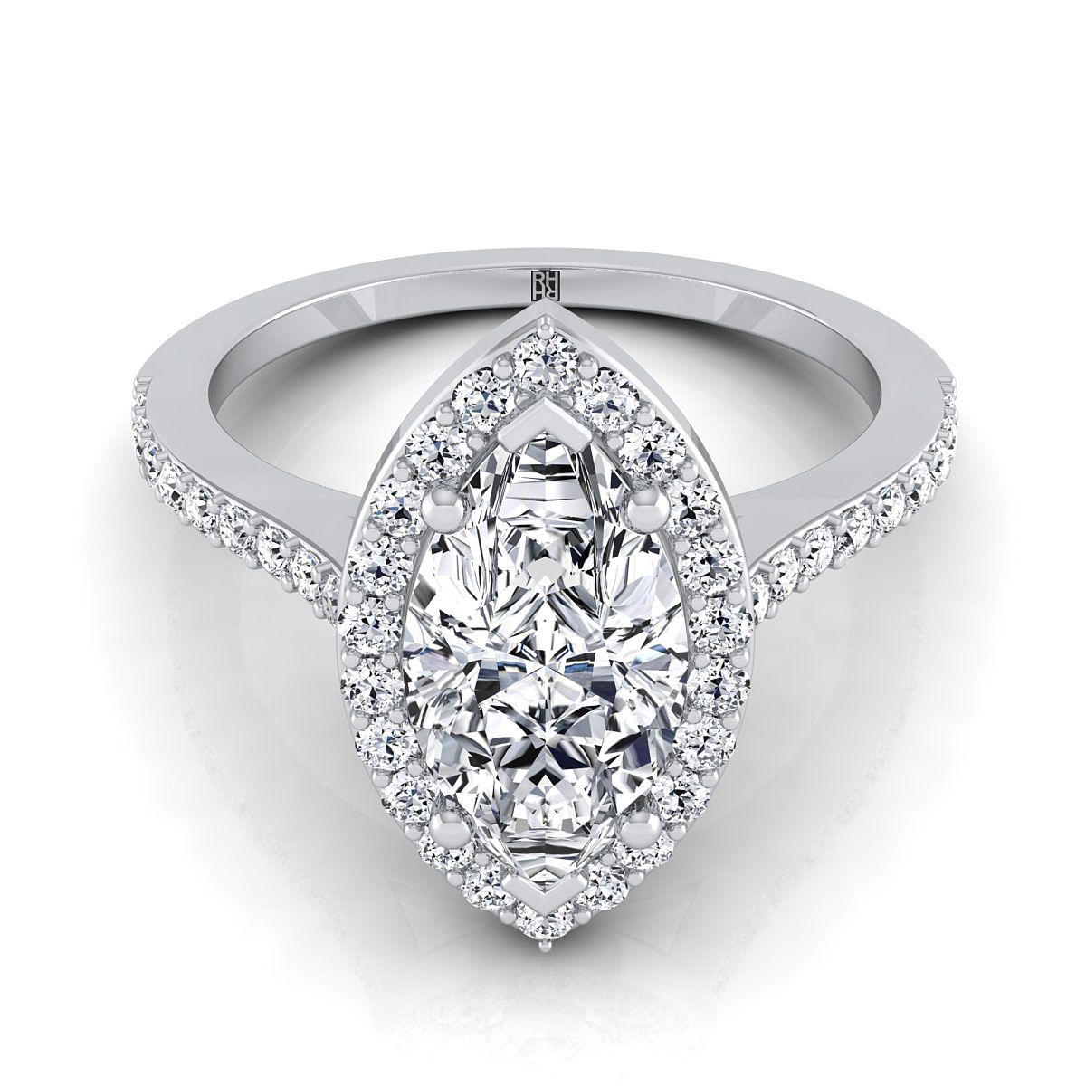 14K White Gold Marquise  Classic French Pave Diamond Halo and Linear Engagement Ring -1/3ctw