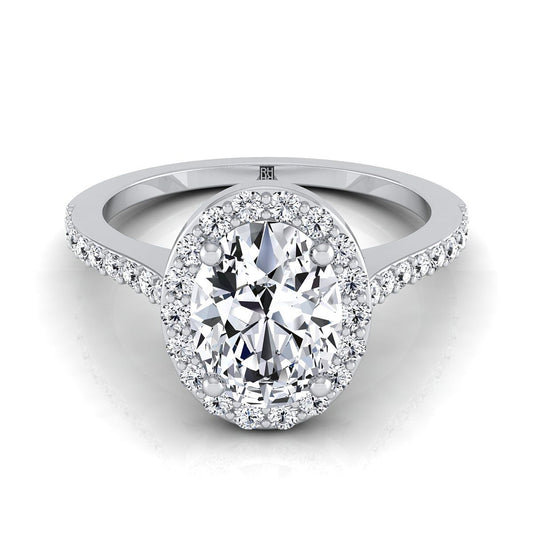 ทองคำขาว 14K วงรีคลาสสิก French Pave Diamond Halo และแหวนหมั้นเชิงเส้น -1/3ctw