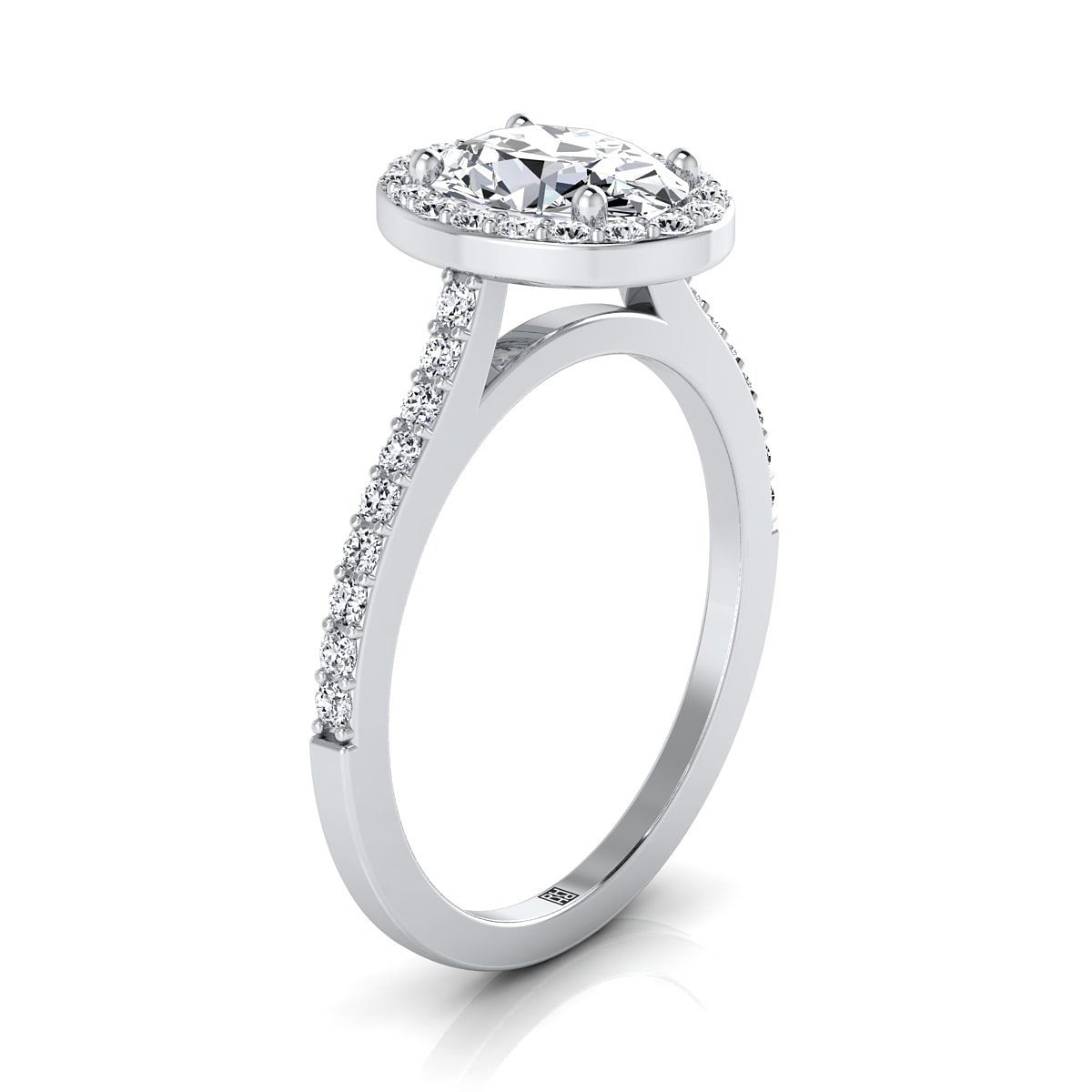 ทองคำขาว 14K วงรีคลาสสิก French Pave Diamond Halo และแหวนหมั้นเชิงเส้น -1/3ctw