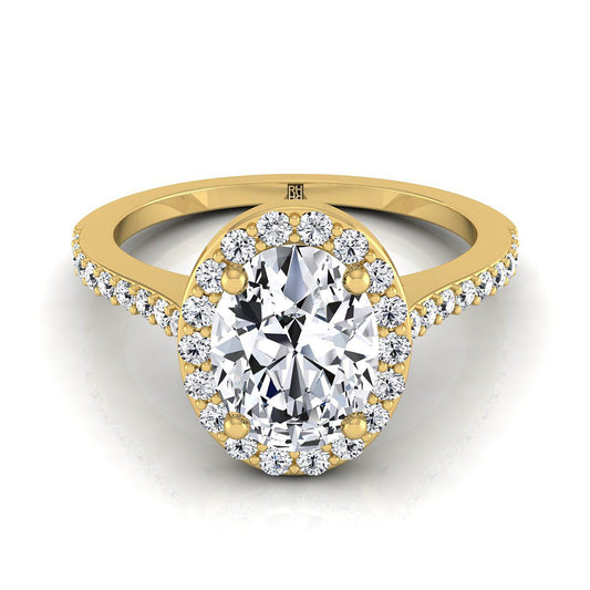 14K Yellow Gold Oval Classic French Pave Diamond Halo and Linear Engagement Ring -1/3ctw