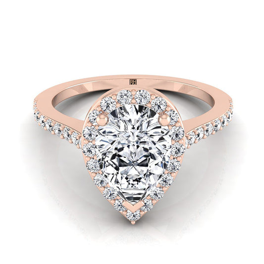 14K Rose Gold Pear Shape Center Classic French Pave Diamond Halo และ Linear Engagement Ring -1/3ctw