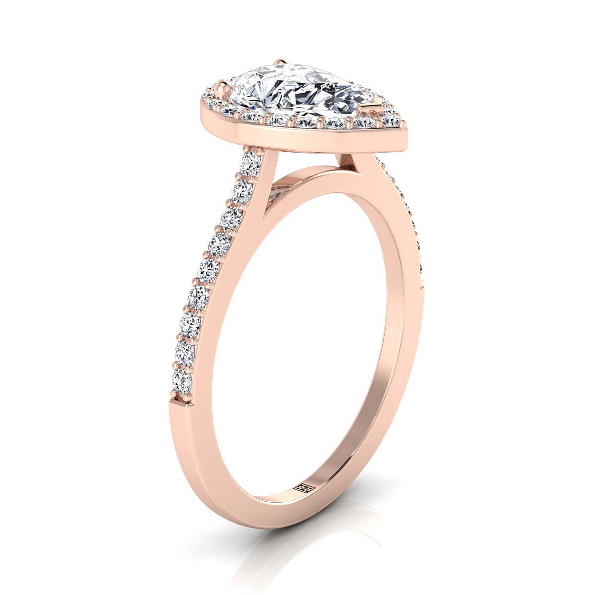 14K Rose Gold Pear Shape Center Classic French Pave Diamond Halo และ Linear Engagement Ring -1/3ctw