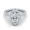 14K White Gold Pear Shape Center Classic French Pave Diamond Halo and Linear Engagement Ring -1/3ctw