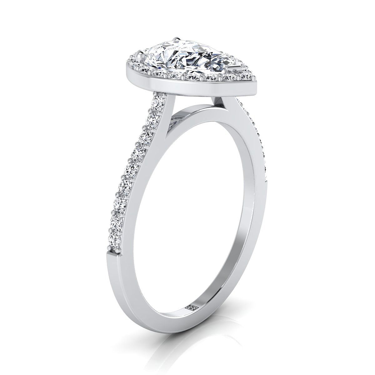 14K White Gold Pear Shape Center Classic French Pave Diamond Halo and Linear Engagement Ring -1/3ctw