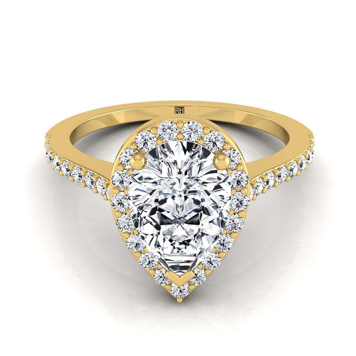 14K Yellow Gold Pear Shape Center Classic French Pave Diamond Halo and Linear Engagement Ring -1/3ctw