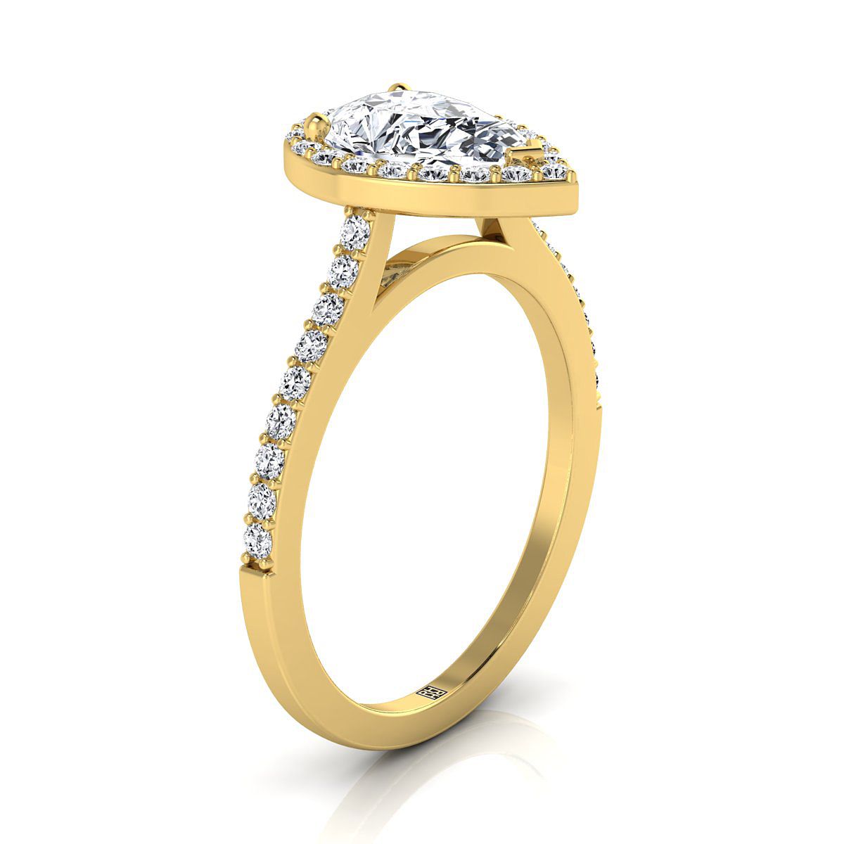 14K Yellow Gold Pear Shape Center Classic French Pave Diamond Halo and Linear Engagement Ring -1/3ctw