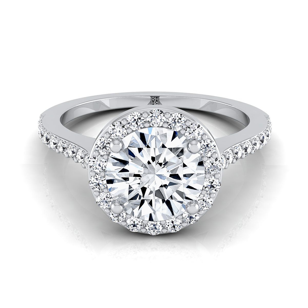 14K White Gold Round Brilliant Classic French Pave Diamond Halo and Linear Engagement Ring -1/3ctw