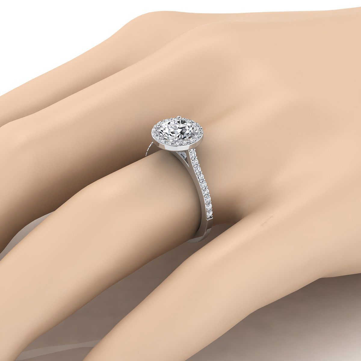 ทองคำขาว 18K ทรงกลมสดใสคลาสสิก French Pave Diamond Halo และแหวนหมั้นเชิงเส้น -1/3ctw