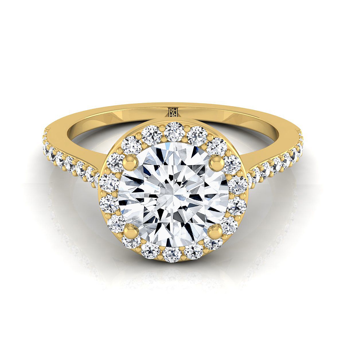 14K Yellow Gold Round Brilliant Classic French Pave Diamond Halo and Linear Engagement Ring -1/3ctw