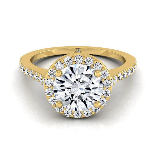 14K Yellow Gold Round Brilliant Classic French Pave Diamond Halo และ Linear Engagement Ring -1/3ctw