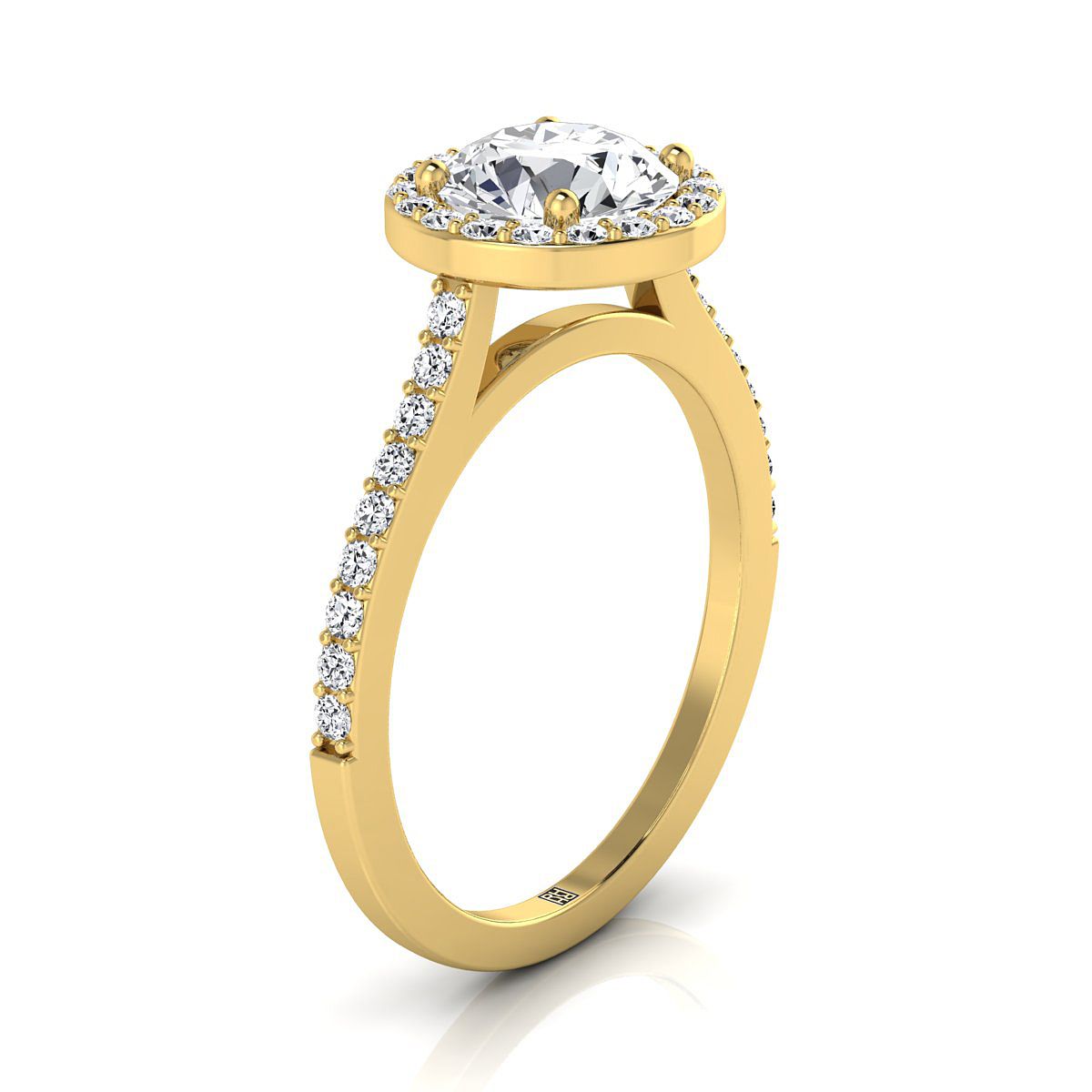 14K Yellow Gold Round Brilliant Classic French Pave Diamond Halo และ Linear Engagement Ring -1/3ctw