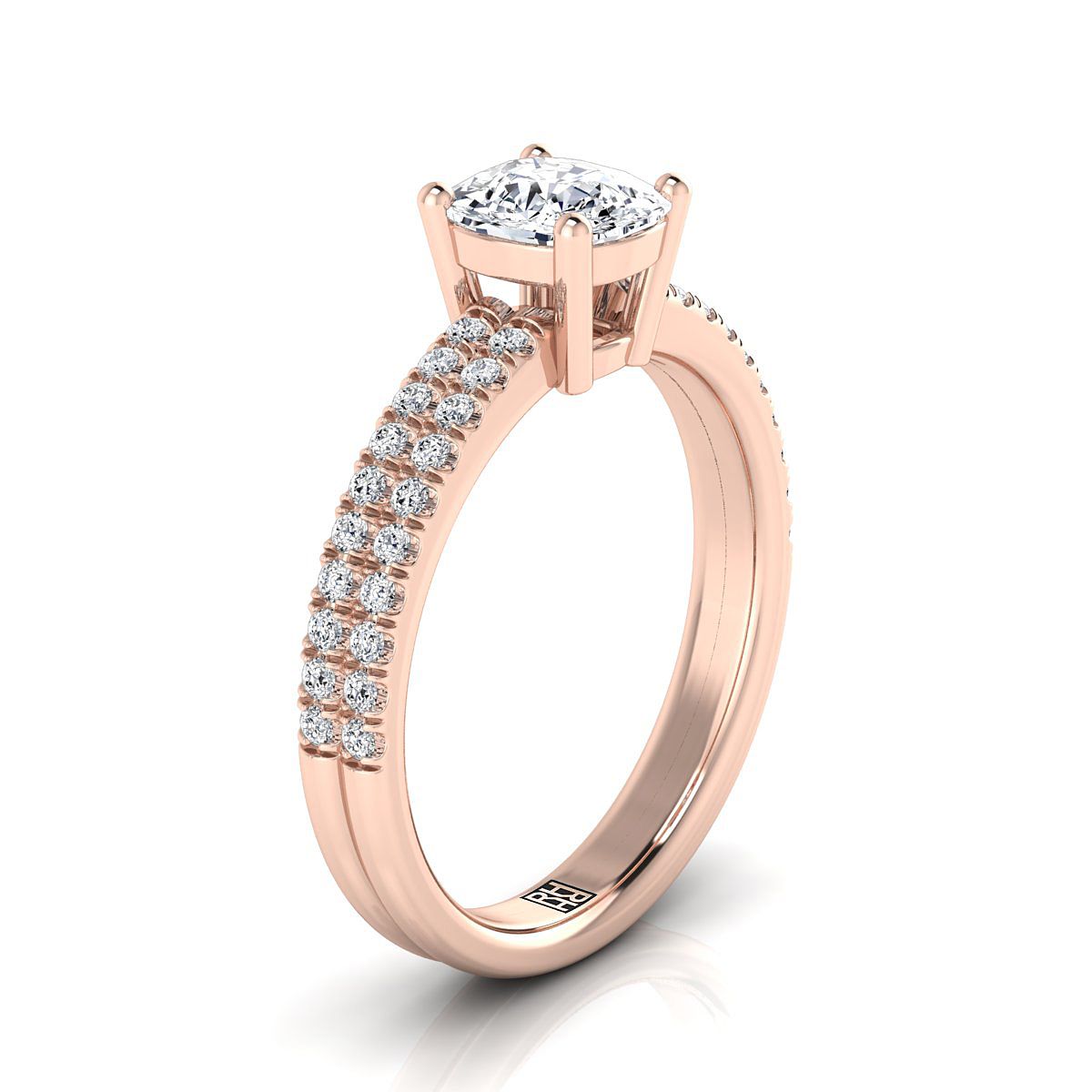 แหวนหมั้นเพชร 14K Rose Gold Cushion Diamond Double Pave Row -1/4ctw