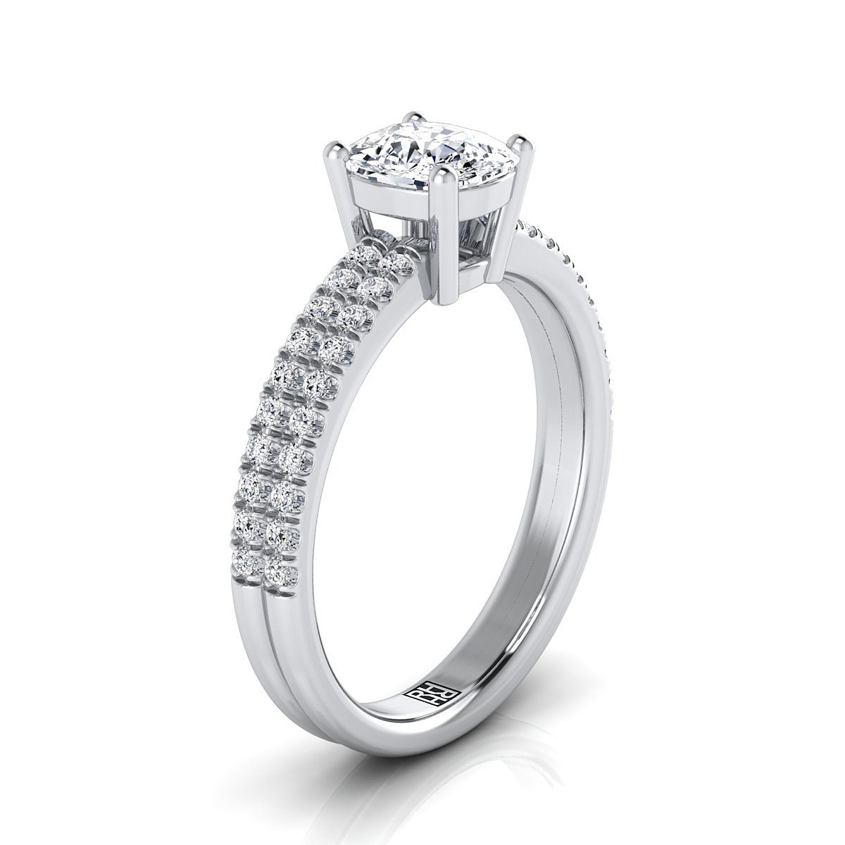 แหวนหมั้นเพชร 18K White Gold Cushion Diamond Double Pave Row -1/4ctw